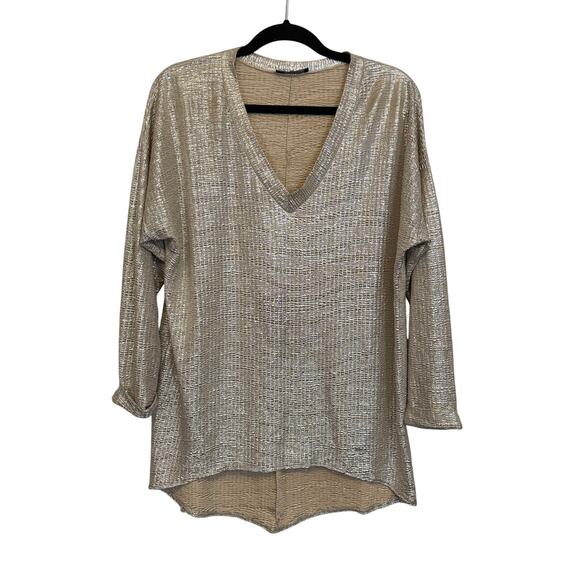 Vie Ta Vie Paris Blouse Womens XL Tan Metallic Plisse Funky Disco Evening Party - Picture 1 of 8